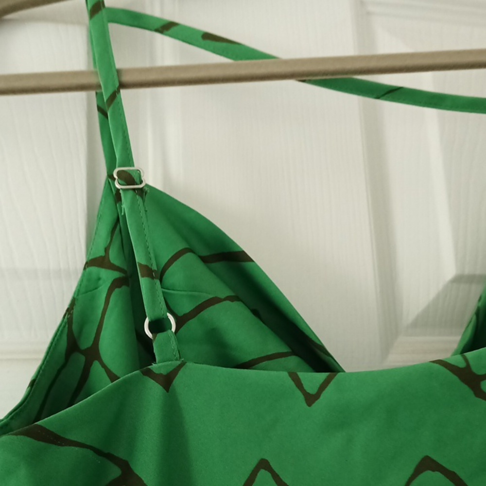 NWT MED Green Geometric SATIN Dress with Spaghetti Straps - Picture 5 of 8